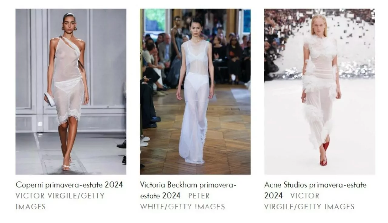 Tendenza individuata presso: (da sinistra a destra) Coperni, Victoria Beckham e Acne Studios – oltre a Valentino, Stella McCartney, Gabriel Hearst, Michael Kors, Prada, Dior, Christopher Esber, Ermanno Scervino e Christian Siriano.